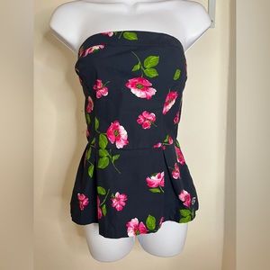 Vintage *Y2K* Hollister Navy Strapless Floral  Peplum Top-Size L